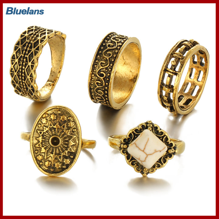 Bluelans®5ชิ้น/เซ็ตวินเทจผู้หญิงนิ้วกลางงอนิ้วเคล็ดลับแหวนซ้อนเครื่องประดับของขวัญทอง