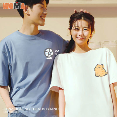 WOMA เสื้อคู่เสื้อยืดการ์ตูนต้นฉบับเสื้อสไตล์แขนสั้นญี่ปุ่นหลวมลำลองคอกลม