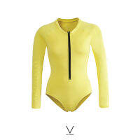 SS2023 YELLOW UV BODYSUIT ชุดบอดี้สูทแขนยาว ใส่ว่ายน้ำ มีฟองน้ำในตัวผ้าหนา กัน UV UPF 50+