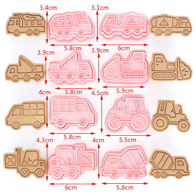 【CW】8 Pcs Engineering Truck Tractor Crane Cookie Mold Cutters Plastic 3D Cartoon Pressable Biscuit Mold Kitchen Baking Pastry Tools