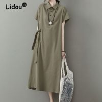 Women Japanese Style Lace Up Simple Casual Streetwear Shirt Dresses Trendy Loose Solid Short Sleeve Cotton Linen Midi Dress Robe