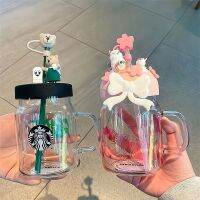 แก้วStarbucksผ้ากันเปื้อนสีเขียวหมีฟางถ้วยแป้งถ้วยแก้วเมสันทนความร้อนถ้วยน้ำความจุขนาดใหญ่ของขวัญ