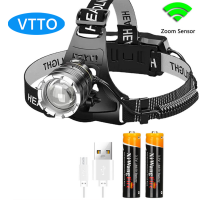 VTTO เซ็นเซอร์ไฟฉายคาดศีรษะ LED XHP70ไฟฉายพลังสูงไฟคาดหัวแบบชาร์จไฟได้ USB โคมไฟฉาย1000000ลูเมน