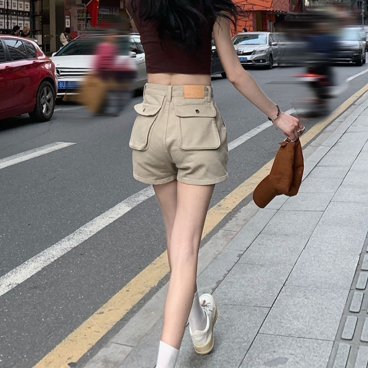 suzzin-กระเป๋าขนาดใหญ่-workwear-กางเกงยีนส์เอวสูงแฟชั่นสะโพกยกกางเกงขาสั้นตรงผู้หญิง