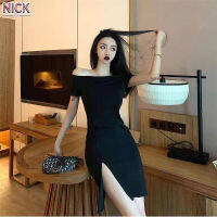 NICK Dress ผู้หญิง Line Collar Off-The-Shoulder Black Slim Wrapped Hips Dress