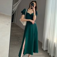 ✻✜ Dress Women Green Dress for Women Summer2021New Bubble Sleeve Square Collar Hepburn Style French Sweet RetroaWord Rear Split Short Sleeve Dress