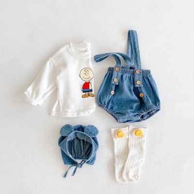 Baby Clothing Set 3pcs Denim Baby Romper with Long Sleeve Cartoon Shirt and Cute Ears Hat Newborn Jumpsuit Set