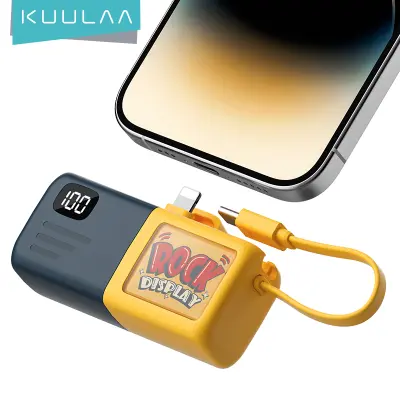 KUULAA 5000mAh 15W Original แบตสำรอง Powerbank Portable แบตเตอรี่สำรอง Mini Power Bank Built-in Cable Shake Led Display พาวเวอร์แบงค์ For iPhone and Type-C Built in Cable Fast Charging for iPhone 15 Pro