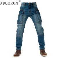 【YD】 ABOORUN Men Motorcycle Jeans Pockets Denim Pants Streetwear Joggers Male