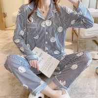 Pajamas Womens Long-sleeved Spring and Autumn Winter Suit Korean Cartoon Plaid Lapel Casual Southeast Asian Home Service