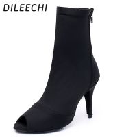 DILEECHI Velvet Latin Dance Boots Women Black Stretch Cloth Salsa Party Wedding Ballroom Dancing Shoes High Heel Soft Outsole