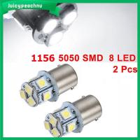 JUICYPEACHNU 2ชิ้นสีขาว12โวลต์สัญญาณเลี้ยวหลอดโคมไฟรถไฟท้าย BA15S R5W 5050 LED 8SMD 1156