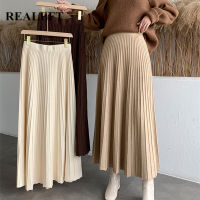 REALEFT 2021 New Thicken Womens Knitted A-line Skirt Elegant Autumn Winter Solid Color High Waist Warm Long Skirts Female