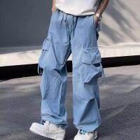 Blue Big Pocket New American Retro Straight Cargo Pants Mens Fashion Brand Summer Casual Loose Lovers Wide Leg Long Trousers