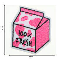 JPatch - 100% Fresh Milk นมกล่อง สีชมพูหวานๆ เครื่องดื่ม กล่องนม สีสดใส สวยงาม ตัวรีดติดเสื้อ อาร์มรีด อาร์มปัก มีกาวในตัว การ์ตูนสุดน่ารัก งาน DIY Embroidered Iron/Sew on Patches