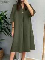 Oversize ฤดูร้อน V คอครึ่งแขน Sundress ZANZEA แฟชั่น Casual ผู้หญิง Midi Dress Robe Femme Party ทำงาน Vestido Kaftan