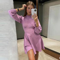 2021Women All-Match Simple Mini Dress Solid Lantern Sleeve Turtleneck Chest Fold Drawn Back Casual Dress 2021 Spring Women New Dress