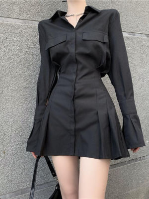 ชุดเสื้อสีดำผู้หญิงที่สง่างามวินเทจแขนยาวเดรสเซ็กซี่โกธิคจีบ Streetwear เปิดลงปกลำลองผู้หญิงแต่งตัว