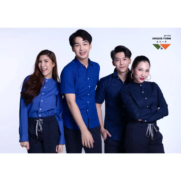 uniqueform-เสื้อเชิ้ต-แขนสั้น-คอจีน-คอปก-สีมิกซ์น้ำเงิน-กรม-mix-classic-blue-pure-oxford-shirt