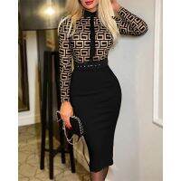 Office Lady Vintage Print Long Sleeve Belt Slim Bodycon Dress Women Summer New Elegant Fashion Commute Dresses Vestidos Feminino