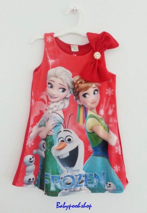 Kids H2L : เดรสพิมพ์ลาย Frozen ผูกโบว์ที่บ่า สีแดง(ด้านหน้าผ้าออกมัน ลื่น ด้านหลังผ้าเนื้อทราย) size 10 (6-8y)