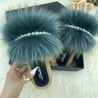 Hot sell 100 Natural Fox Fur Slippers Woman Summer Faux Espadrilles Pearl Chain Fluffy Slides Flip Flops 2022 Flats Women Shoes Sandals