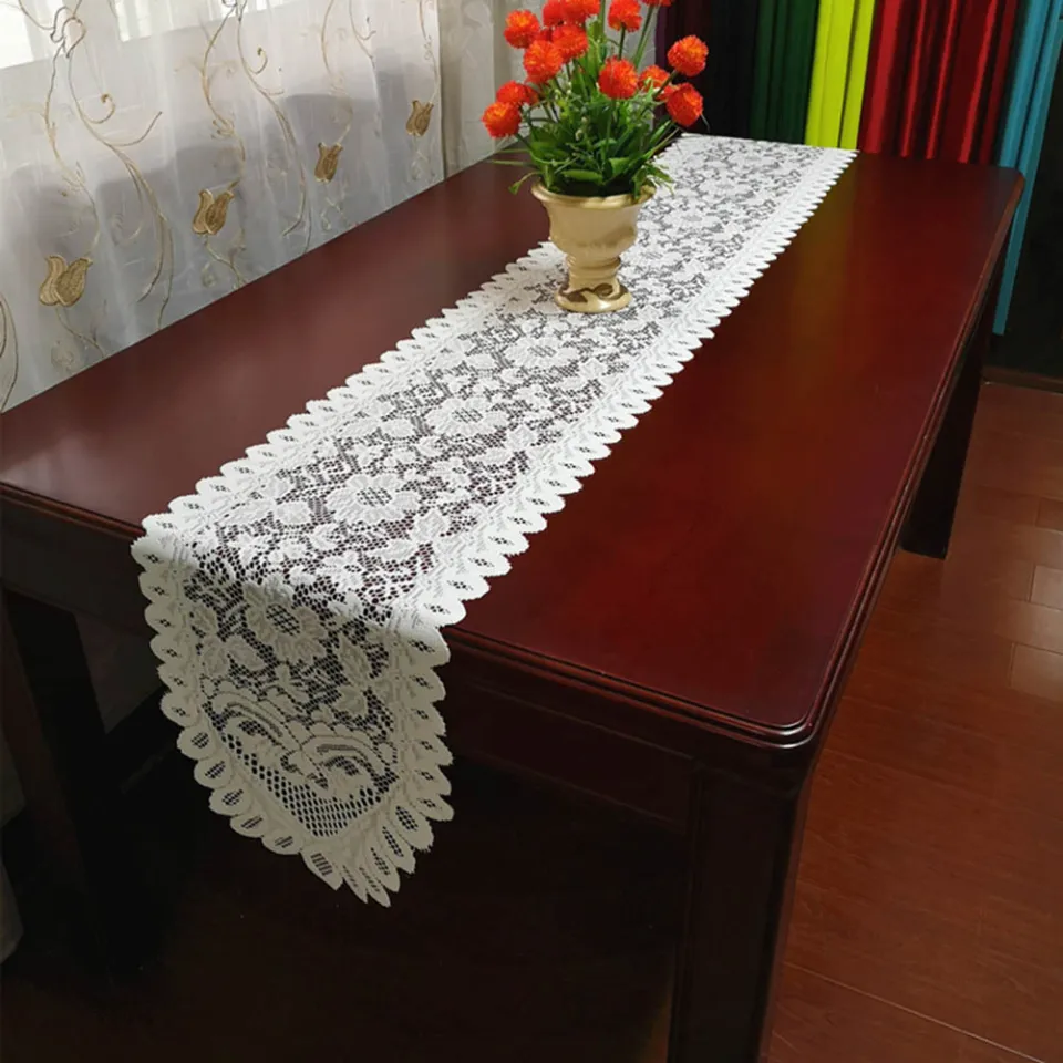 Vintage Handmade Table Runner Crochet Hollow Lace Cotton Desktop Decor  Cover
