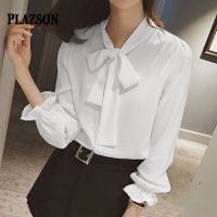 PLAZSON Casual Women S Blouses Summer White Shirt Tops 2023 Elegant Bow Tie แขนยาวเสื้อบางหญิง OL หลวม Blusas Para