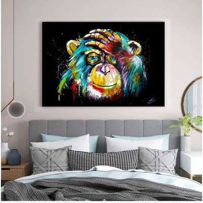 ภาพวาดรูปภาพติดผนังสำหรับบ้านห้องนั่งเล่นตกแต่งกราฟฟิตีลิงน่ารักจิตรกรรมผ้าใบสีสันสดใส0717