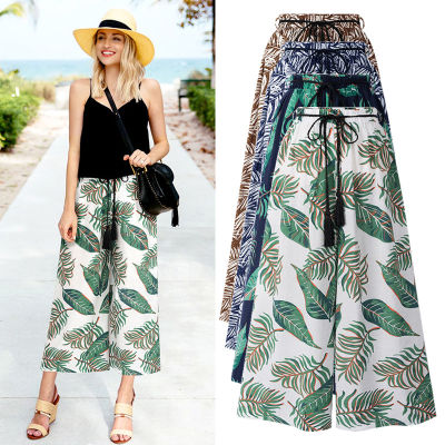 Womens Floral Wide-Leg Pants Summer Thin High Waist Loose Floral Print Casual Jumpsuit Ankle-Length Pants Plump Girls Plus Size Slim Beach Shorts