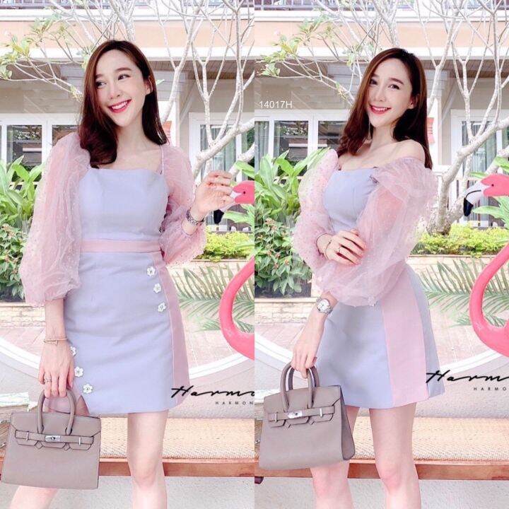 tw14017-dress-เดรสสั้น-แขนยาวผ้าแก้วจุดซีทรูแขนพอง