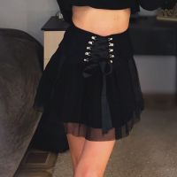 ‘；’ Punk Skirt Vintage Dark Straps Female Punk Style Ladies Harajuku Mesh Summer Streetwear Black  High Waist A-Line Party Skirt