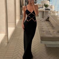 【YF】 Ellafads Women Maxi Dress Summer Sexy Solid Hollow Out V Neck Backless Suspender Sleeveless Evening Party Dresses Streetwear