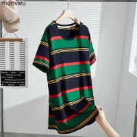 ஐ✹ [3XL-7XL] เสื้อยืดคอกลม แขนสั้น ลายทาง ทรงหลวม ขนาดใหญ่พิเศษ สไตล์เกาหลี แฟชั่นฤดูร้อน สําหรับผู้หญิง 150 กก. -