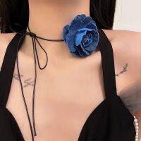 Elegant Woven Necklace Rose Pendant Choker Jean Cloth Necklace Big Rose Pendant Choker Gothic Pendant Necklace