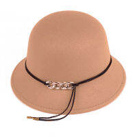 New Fashion Fedoras Top Hat For Women Ladies Solid Color Autumn Winter With Gold Chain Wool Felt Caps Female Bucket Hat Gift