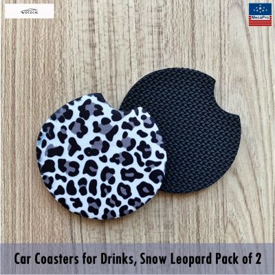 WOCOCN® Car Coasters for Drinks, Snow Leopard Pack of 2 ที่รองแก้วในรถยนต์ ดูดซับน้ำดีเยี่ยม ลายเสือดาวหิมะ
