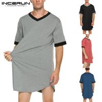 INCERUN ผู้ชาย Sleep Robes Nightgown แขนสั้น V คอหลวม Homewear สบาย Patchwork Mens เสื้อคลุมอาบน้ำ Dressing Gown S-5XL