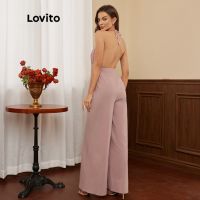 Lovito Elegant Plain Smocking Stitch Lace Up Halter Backless Jumpsuits L17D078 (Pink)