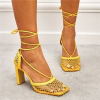 2023 Women Summer Sandals 9.5cm High Heels Female Square Toe Roman Block Heels Cross Sandles Yellow Mesh Strap Pleaser Red Shoes