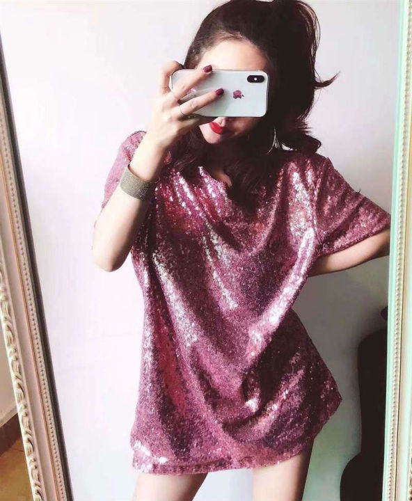 sequined-short-sleeved-t-shirt-for-women-2021-early-spring-new-korean-style-internet-celebrity-super-hot-bling-loose-top-half-sleeve-night-club-style