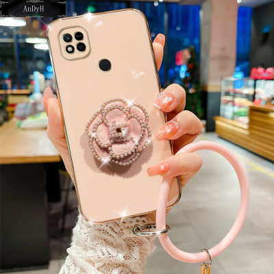 AnDyH For Xiaomi POCO C40 Case,Fashion Luxury Beautiful Girls Floral Stand + Hand Ring Simple Solid Color Plated Soft Phone Case