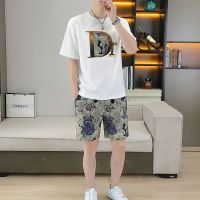 【July hot】 summer casual suit mens fashion embroidery short-sleeved T-shirt thin section five-point set