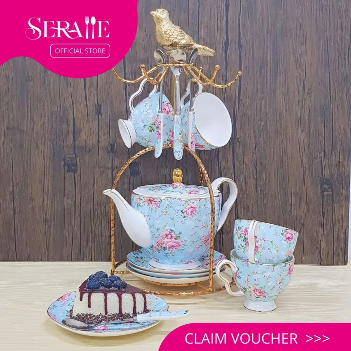 Seralle Blue Tea Set Rose Tea Set English Style 1000ml Large Flower Tea