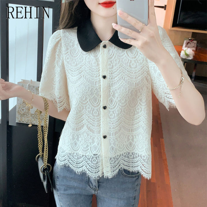 rehin-เสื้อลูกไม้ประดับคอตุ๊กตาฝรั่งเศสสำหรับผู้หญิง-เสื้อเสื้อผู้หญิงแขนสั้นแฟชั่นฤดูร้อนใหม่