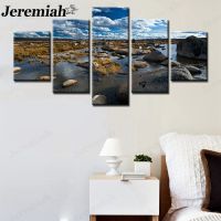 Nordic Lakeside Room Canvas Poster Dry Lake Reveals Stone Blue Sky Scenery 5 Paintings Wall Art Modern Home Decoration