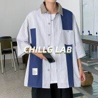 CHILLG LAB เสื้อเชิ้ตญี่ปุ่นวินเทจแผง flogged ผู้ชายแนวโน้มฤดูร้อนบุคลิกภาพ BF หลวมสบาย ๆ แขนห้าจุดลายบนเสื้อผ้า