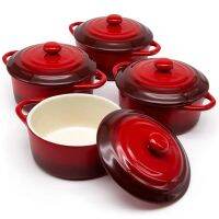 4-Pc Mini Cocotte Casserole Dish with Lid Stoneware Kitchen Set Crimson Red