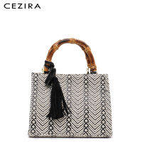 CEZIRA Bohemia Cotton Knitting Handbags For Women Small Bamboo Handles Design Bucket Female Fashion Tassel Top-handle Tote Purse