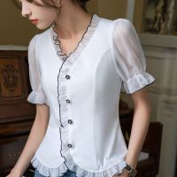 Women French Fashion Lace Ruffles Elegant Chiffon Blouse Summer Solid Office Lady Simple Shirts